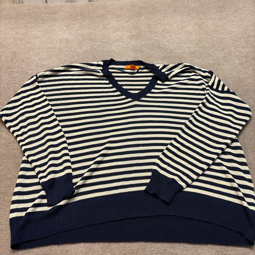 Joe Fresh Navy & Cream Striped V-Neck Sweater – Size XL 0600